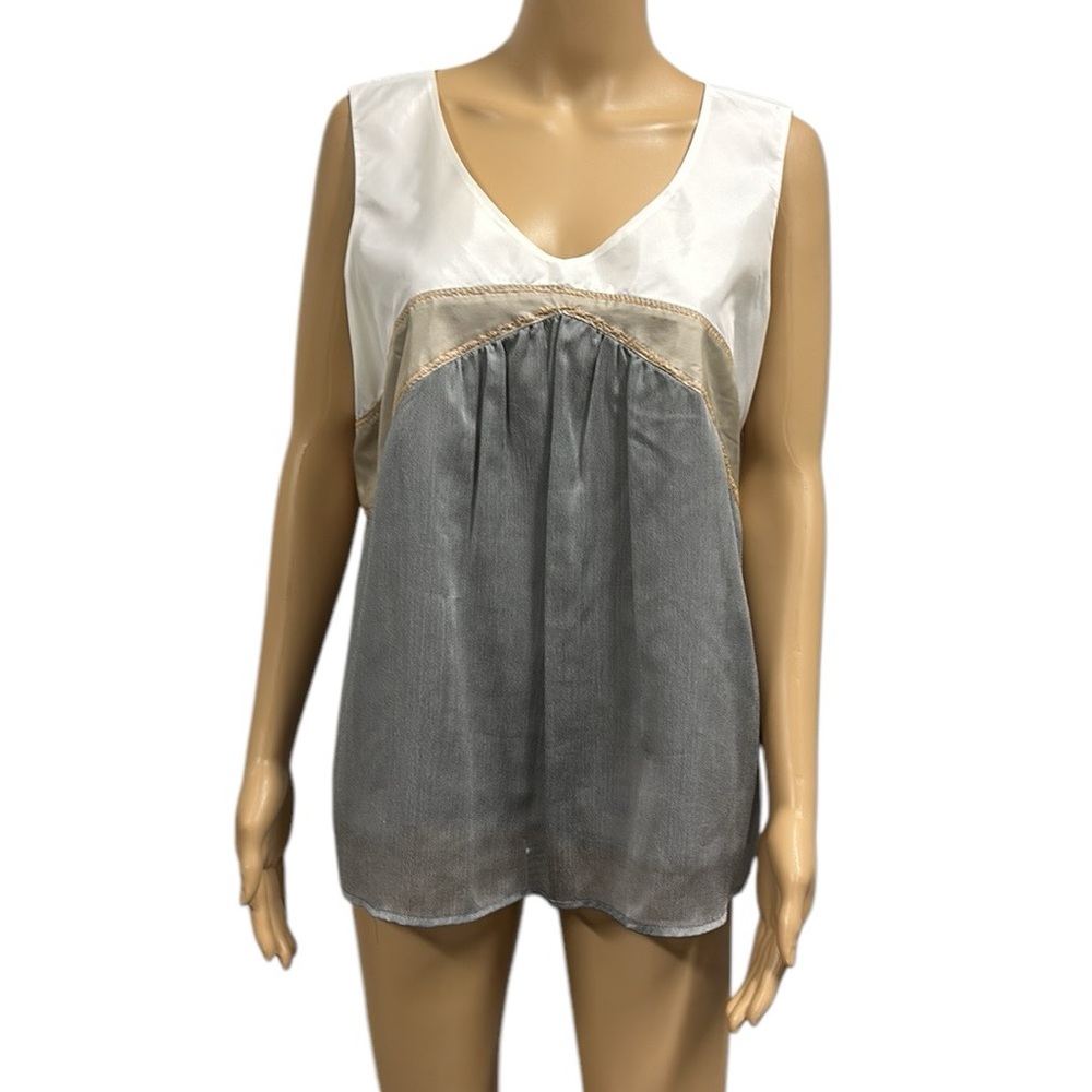 Tara Ryan Sleeveless White Tan Gray A Line Embroidered Stitch Blouse Womens XL